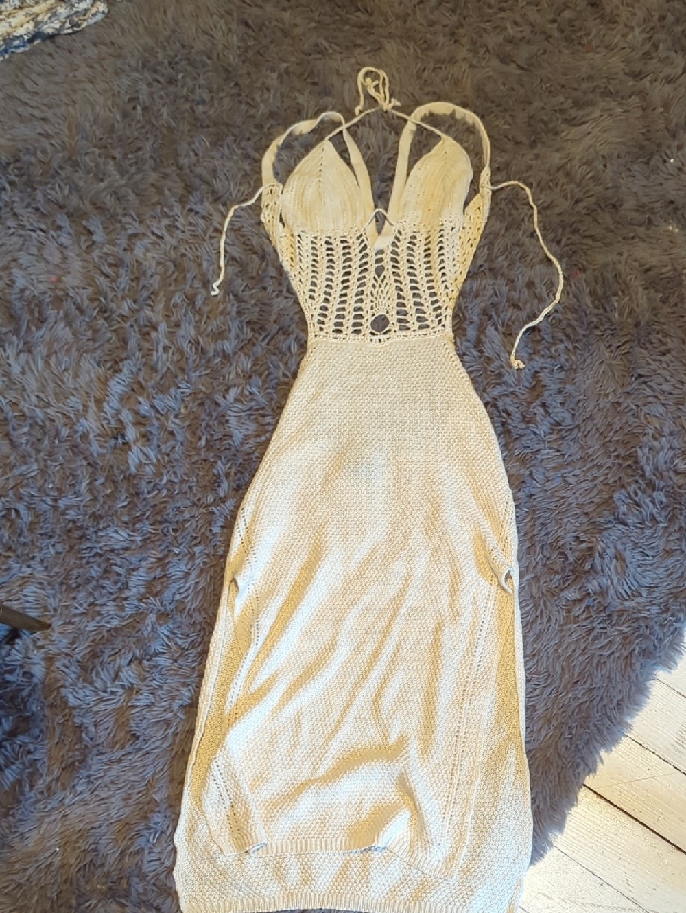 White Fox Boutique Cream Crochet Backless Maxi Dress